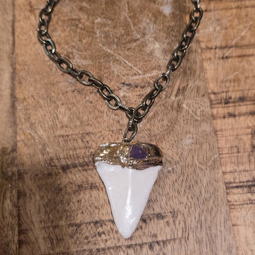 New! Handmade raw Amethyst on shark tooth pendant 24k gold leafing Necklace